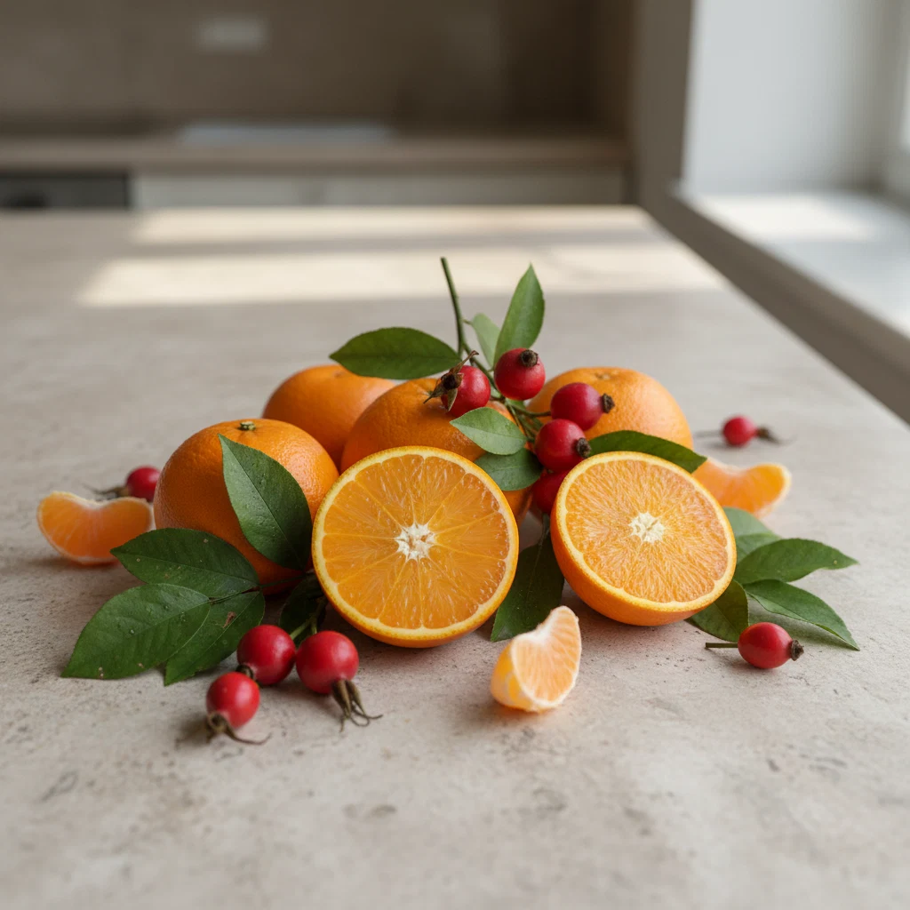 Verse citrusvruchten en rozenbottels op een lichte stenen ondergrond als bron van vitamine C